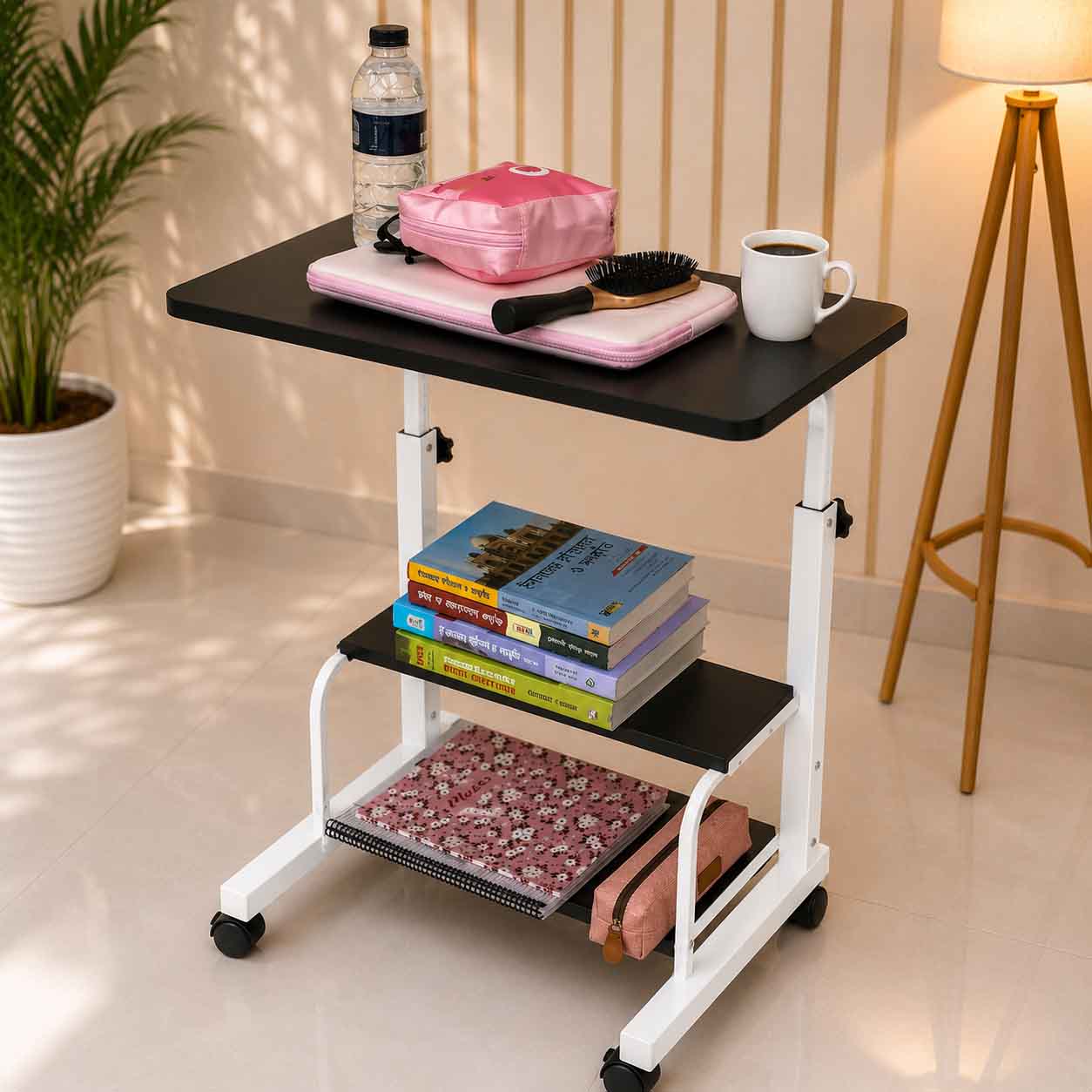Double Layer Adjustable Table Black With White Stand